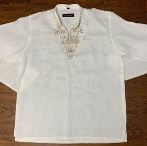 🎄Cross Line sz 14 Cream Colored Long Sleeve Embroidered 100% Linen Top